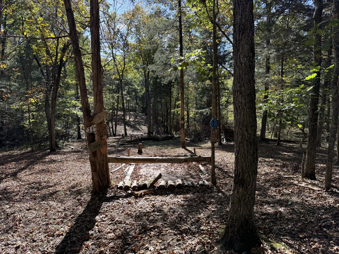 Blue Goose Field Goal tee in autumn — wooden pad, log front, hole 11 and FIELD GOAL signs with a blue 13, Franklin County