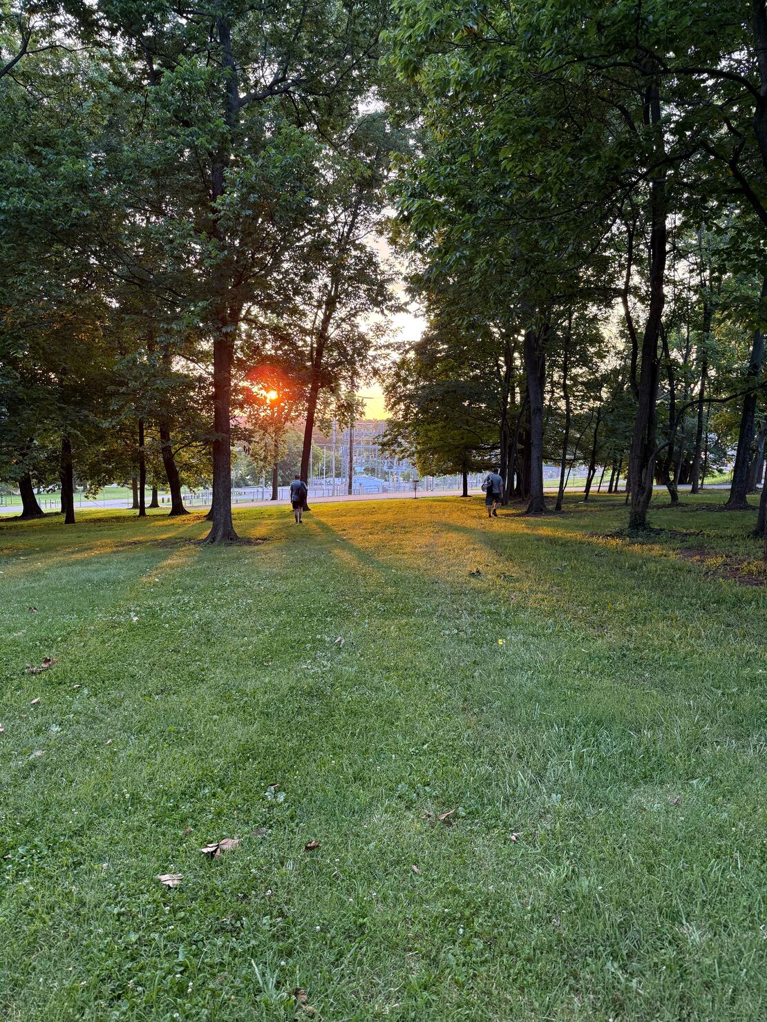 East Frankfort Park hole 13 fairway at golden hour with basket and two players