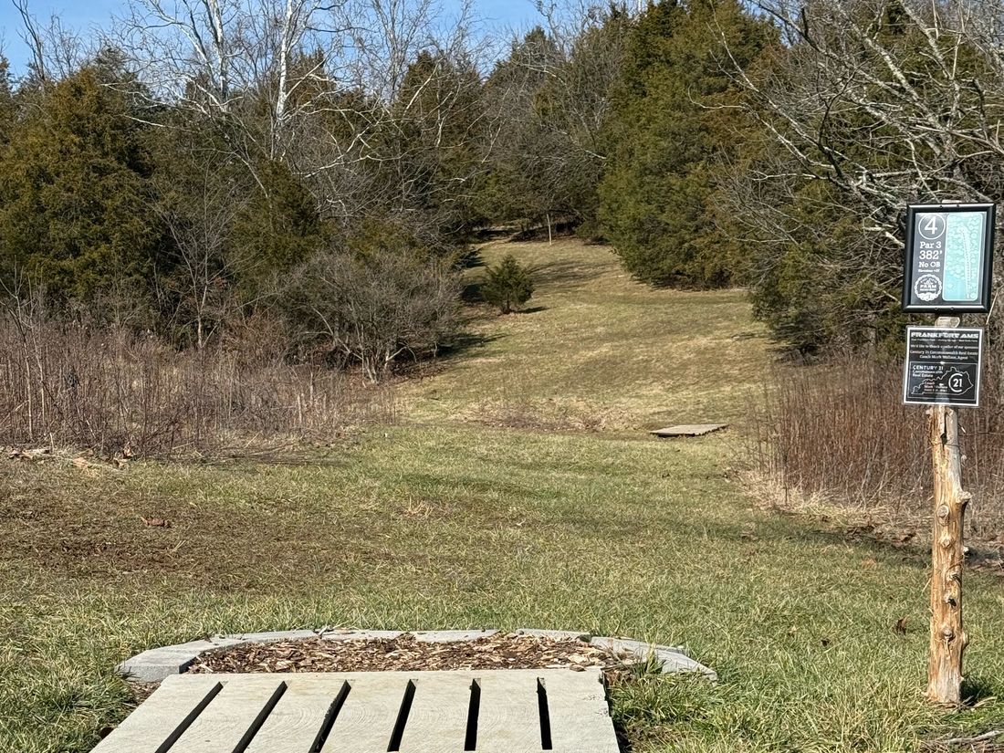 West Sixth Farm hole 4 tee looking toward cedar-lined fairway